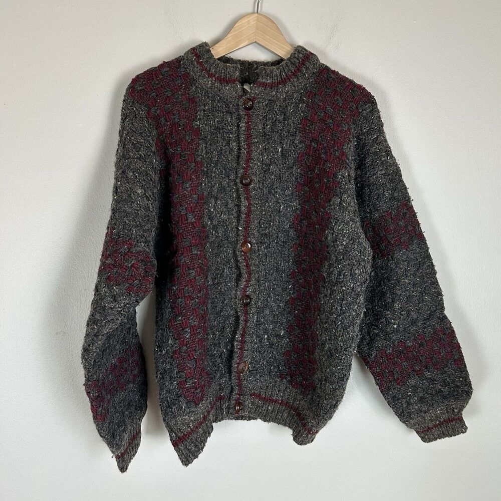 Vtg IXCHEL Handwoven Chunky Wool Cardigan Sweater Large Grandpacore Ecaudor Made